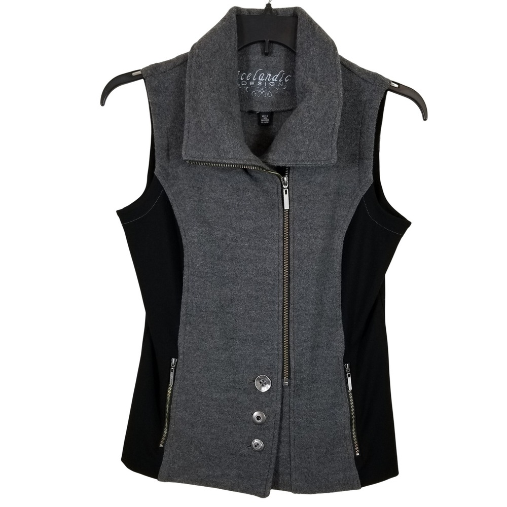 Icelandic Design Womens Small Gray Wool Blend Asymmetric Zip Funnel Neck Vest